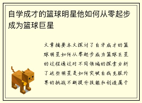 自学成才的篮球明星他如何从零起步成为篮球巨星